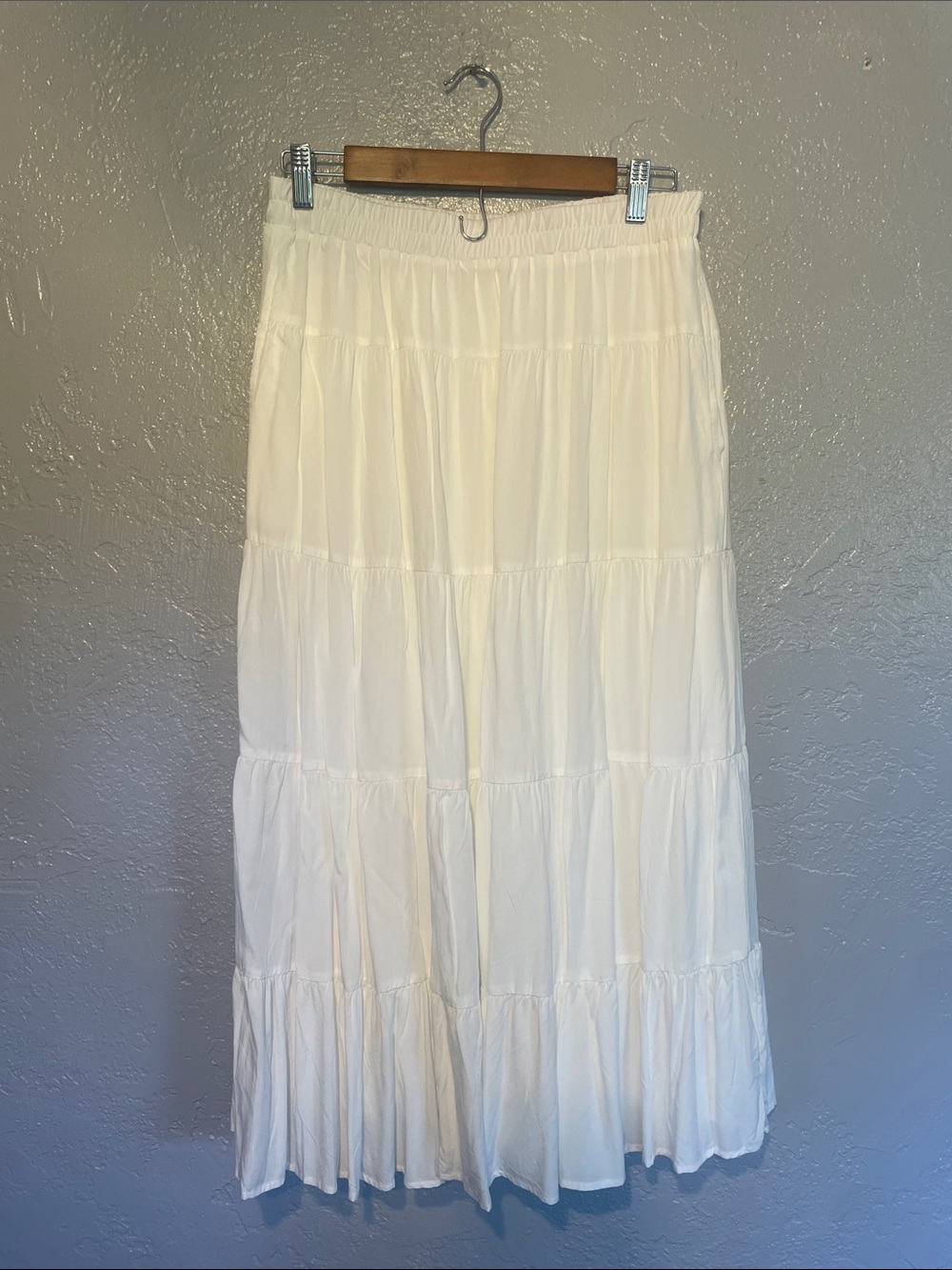 Light Cream Tiered Maxi Skirt with Elastic Waistband lined with pockets